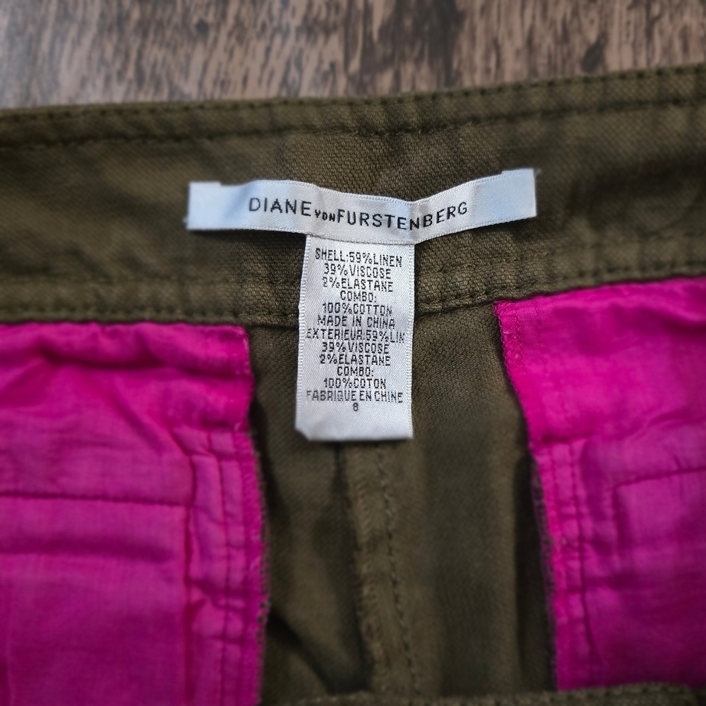 DIANE VON FURSTENBERG Pants Womens 8 Olive Green Excellent Linen Blend Wide Leg
